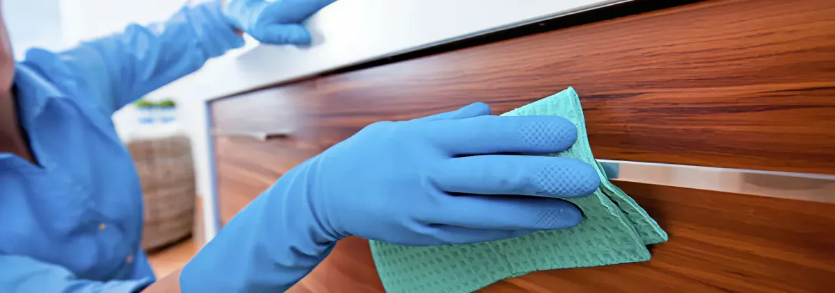 Cleaner wearing blue gloves wiping a wooden cabinet drawer with a microfiber cloth for dust and grime removal, Boston, MA.